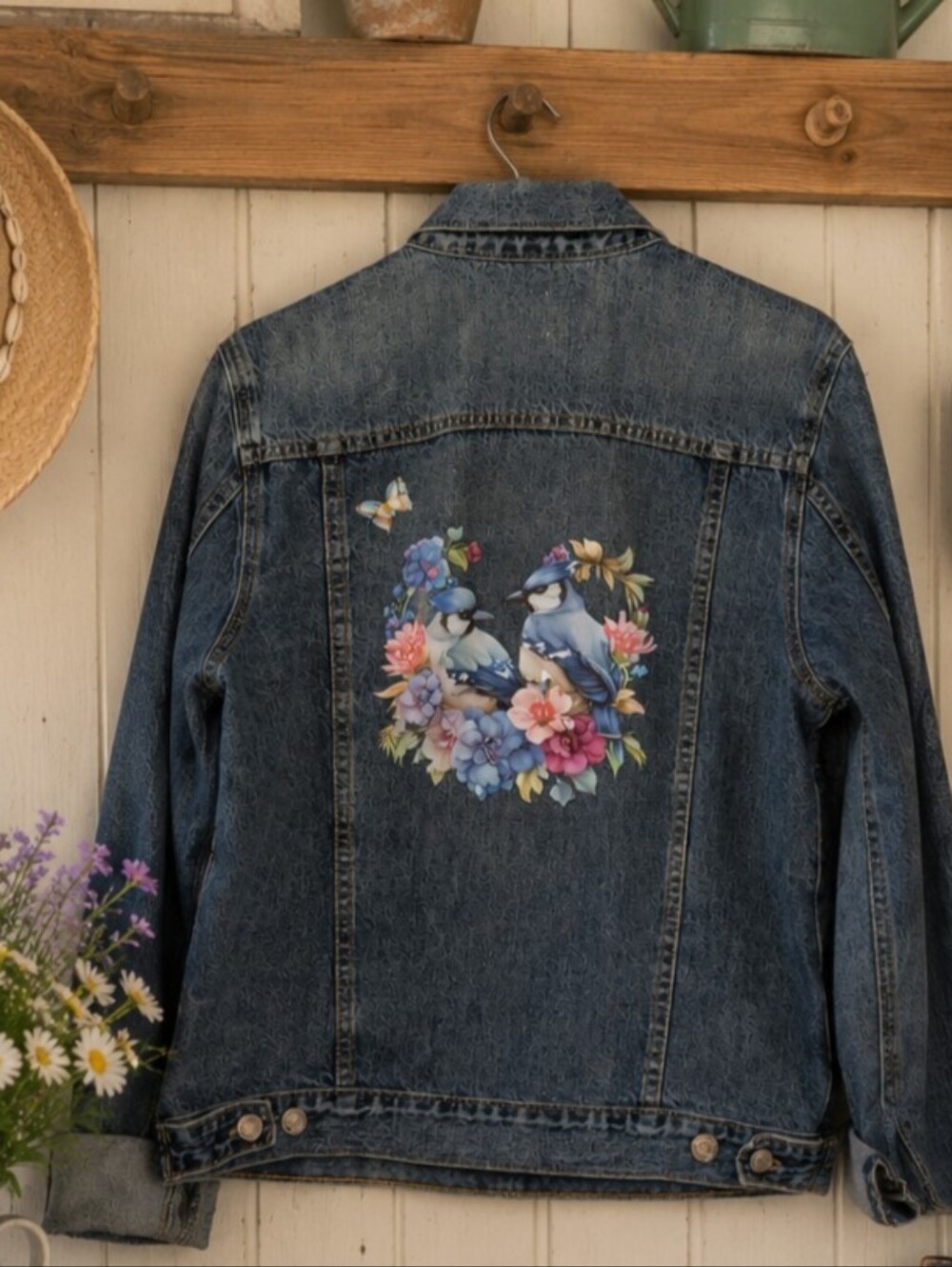 Bird & Blossom UpCycled Denim Jacket | Large | Blue Jays & Floral Wearable Art